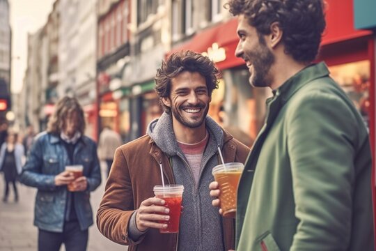 A lively group of friends savor the vibrant streets of Madrid, sharing a few beers and creating lasting memories. AI generated fictional person.