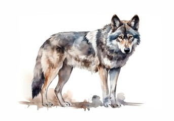 Fototapeta premium Watercolor illustration of a gray wolf on white background. Generative AI.