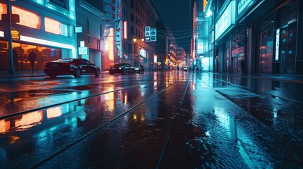 A futuristic cityscape with vibrant neon lights reflecting on wet pavement.  Blue hour employing a sleek and modern photographic style, reminiscent of cyberpunk aesthetics. Generative Ai