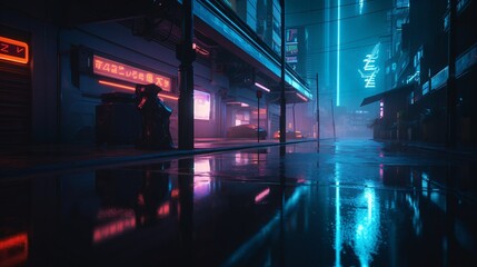 A futuristic cityscape with vibrant neon lights reflecting on wet pavement.  Blue hour employing a sleek and modern photographic style, reminiscent of cyberpunk aesthetics. Generative Ai