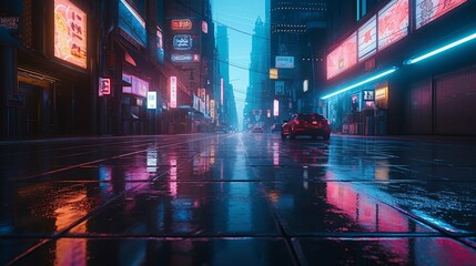 A futuristic cityscape with vibrant neon lights reflecting on wet pavement.  Blue hour employing a sleek and modern photographic style, reminiscent of cyberpunk aesthetics. Generative Ai