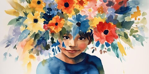Abstract watercolor painting of a female with a bouquet of flowers around part of her face, generative AI 