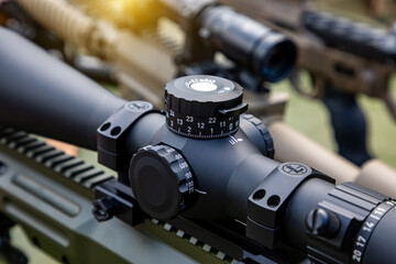 Optical sight on a sniper gun. War in Ukraine.