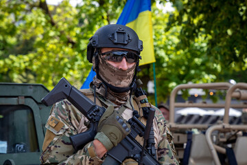 Ukrainian soldier in uniform. Modern army of Ukraine. War with Russia.