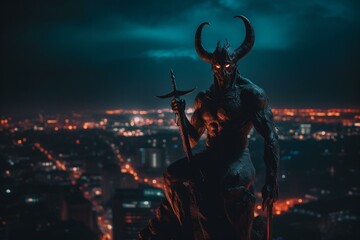 Demon with trident rises above city at night. Generative AI
