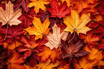 Naklejka na ściany i meble background of autumn leaves of various colors, red and orange. Ai generative