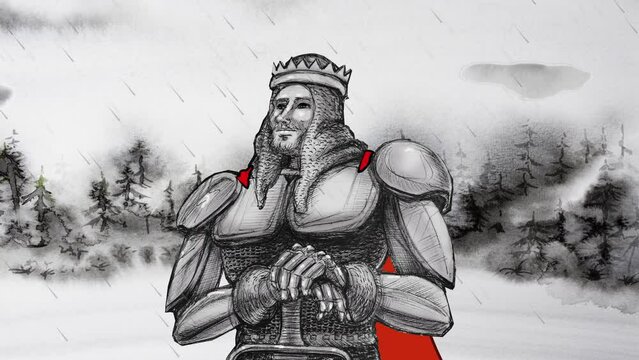 medieval king fiercely standing, classic illustration motion graphic