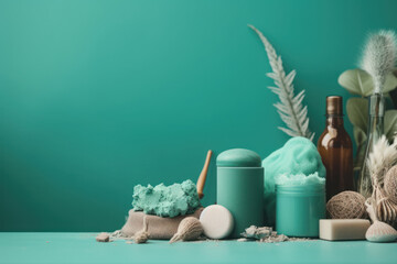 Header with natural cosmetics, ingredients and bathroom or spa accessories arranged on a bright green / turquoise background, eco-friendly and natural beauty concept, copyspace 