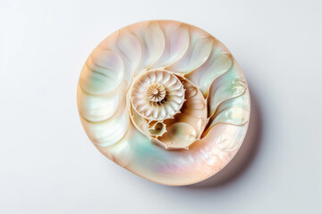 Obraz premium Beautiful shiny pearly nautilus shell (nautilus pompilius), isolated seaside design element with mother-of-pearl surface for your ocean, summer or wedding flatlays