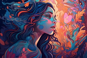 Abstract surrealistic psychedelic woman fantasy art vibrant enchanting silhouette illustration. Generative Ai