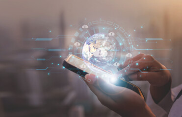 businesswoman sitting on smartphone download application social media network concept and technology