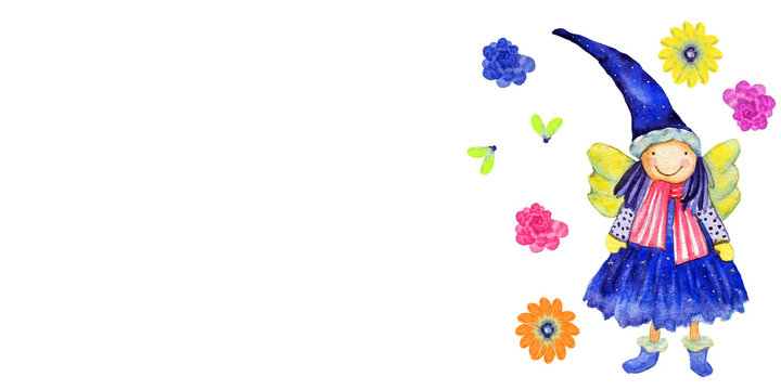 Banner con graziosa fatina, illustrazione ad acquerello isolata su sfondo bianco