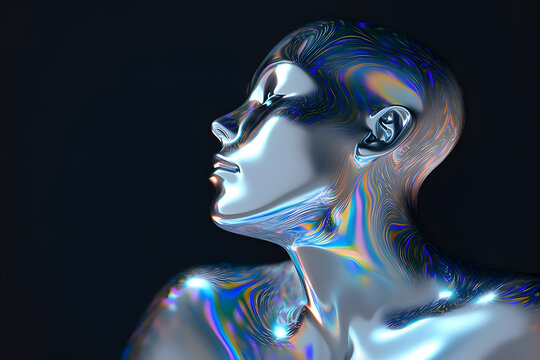Futuristic female liquid chrome glossy glass iridescent material head with water drops y2k style illustration. Generative Ai