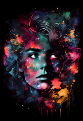 Abstract surreal psychedelic beautiful woman portrait. Colorful bright creative watercolor illustration. 
