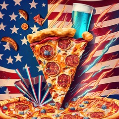 Concept art of a pizza and beer with the American flag, fireworks, splashes, bang and bright colors dedicated to the holiday of the USA Independence Day - July 4th.Generative AI