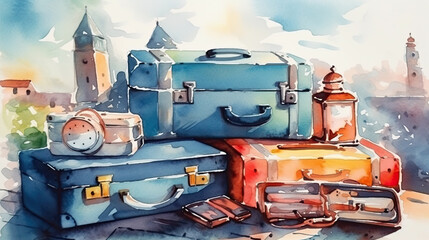 travel suitcases stacked on top of one another. painted with watercolors. holiday concept. Generative AI