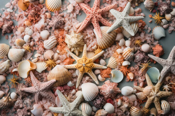 Christmas in July / at the beach / in the southern hemisphere conceptual banner, background or header / hero image with holiday ornament made of shells, starfish and corals