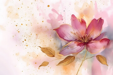 Fototapeta na wymiar Romantic pink flower with dried leaves stem autumn watercolor paint wall decoration illustration. Generative Ai