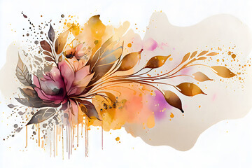 Abstract art watercolor paint gentle flower and gold splash for nature banner background illustration. Generative Ai