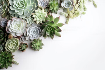 Minimalist background with various succulents on a painted white wooden desk, top view, copyspace