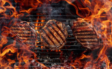 top view of the grill, juicy steaks are fried on the grill - 605787633