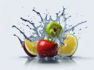 Water splash on white background with apple and lime. ai generative