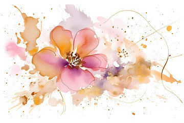Romantic pink flower with dried leaves stem autumn watercolor paint wall decoration illustration. Generative Ai