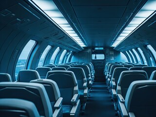 Obraz premium empty modern aircraft with blue flight seating. ai generative