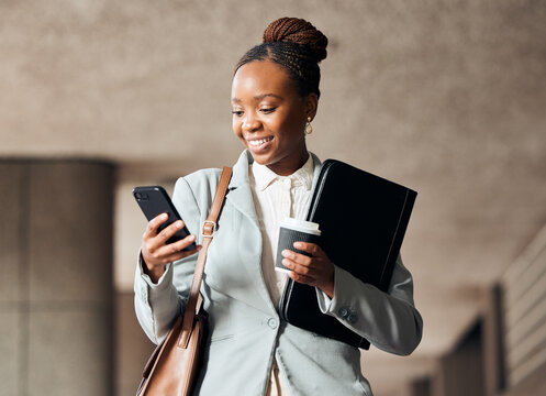 Phone, coffee and businesswoman walking in the city with a document folder for the office. Cellphone, success and professional African female employee with a latte commuting to work in an urban town.