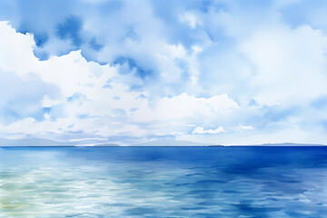 Naklejka na ściany i meble Endless blue sea horizon with sky clouds natural seaside landscape watercolor painting background illustration. Generative Ai