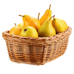 Illustration of wicker basket full of ripe tasty pears isolated on transparent background. PNG clip art element. Generated with AI.