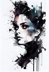 Fashion woman face soft black abstract watercolor painting with splash illustration for beauty poster. 