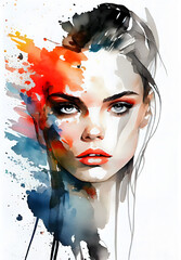 Abstract fashion woman face watercolor black and red paint splash illustration for beauty poster flyer.