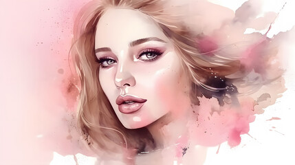 Gentle beauty blonde female face soft pink watercolor paint splash illustration cosmetic advertising. Generative Ai