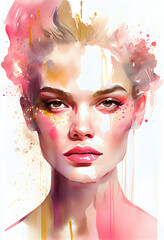 Beautiful modern woman watercolor portrait pink golden abstract splash fashion illustration for advertising. Generative Ai