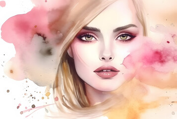Abstract beautiful blonde woman face pink golden watercolor paint splash fashion illustration banner. Generative Ai