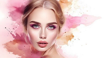 Beautiful young blonde woman face abstract soft pink pastel watercolor splash fashion banner illustration. Generative Ai