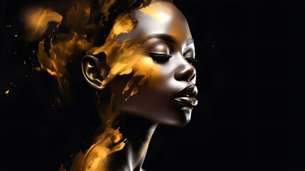 Strong beautiful Afro woman face with luxury golden splash watercolor painting art banner illustration. Generative Ai