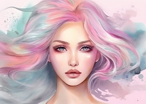 Beautiful Asian woman portrait abstract soft color hairstyle watercolor art banner for beauty salon illustration. Generative Ai