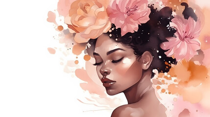 Sensual African woman portrait with soft pink golden flowers watercolor painting splash banner illustration. Generative Ai