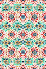 abstract red and green flowers shapes and lines in retro style. Watercolor Pattern endless of linear flowers with shapes abstract for repetitive rapport in white background. Generative AI