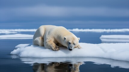 Illustration of global warming impact with polar white bear on melting iceberg. Environmental problems. Outdoor background with copy space. Generated with AI.