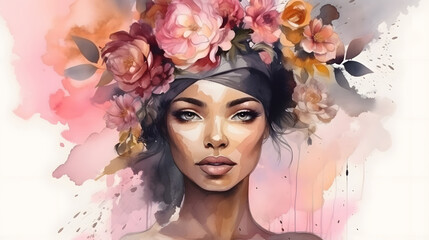 Beauty young African woman face with blossom soft pink flowers watercolor painting splash fashion illustration. Generative Ai