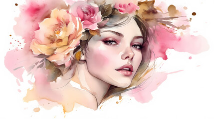 Fototapeta premium Gentle woman face with soft pink beige flowers wreath watercolor painting splash art illustration for banner. Generative Ai
