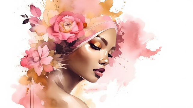 Fashion African woman portrait soft pink flowers hairstyle watercolor paint splash illustration beauty banner. Generative Ai