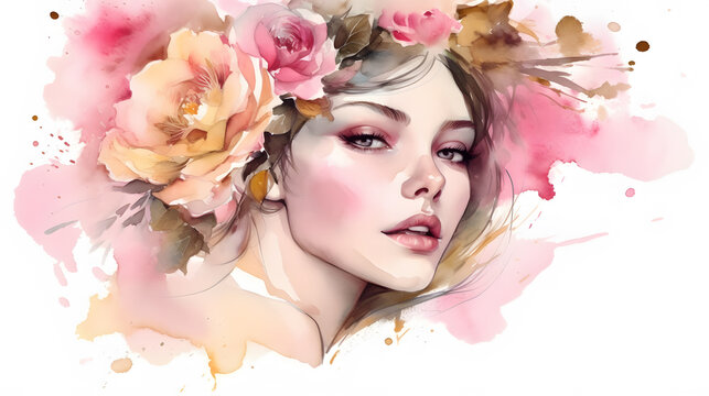 Gentle woman face with soft pink beige flowers wreath watercolor painting splash art illustration for banner. Generative Ai