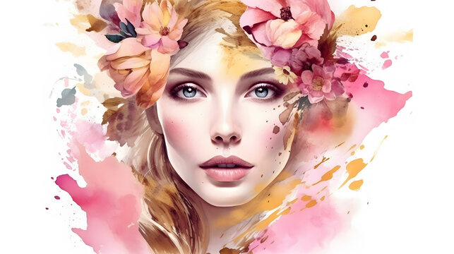 Gentle beautiful woman face with soft pink flowers golden splash fashion banner watercolor illustration. Generative Ai © provectors
