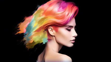 Fototapeta premium Fashion sensual woman portrait with colorful hairstyle and splash watercolor paint art illustration banner. Generative Ai