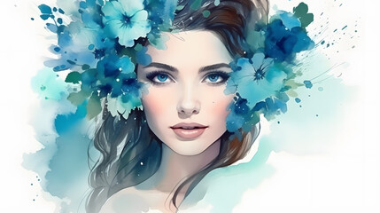 Beautiful young brunette woman face with blue flower blossom watercolor splash illustration banner. Generative Ai