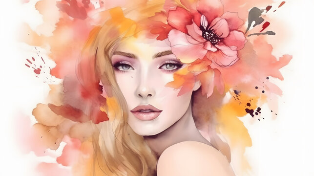 Romantic Asian beauty woman portrait with blossom pink flowers and leaves watercolor paint illustration. Generative Ai